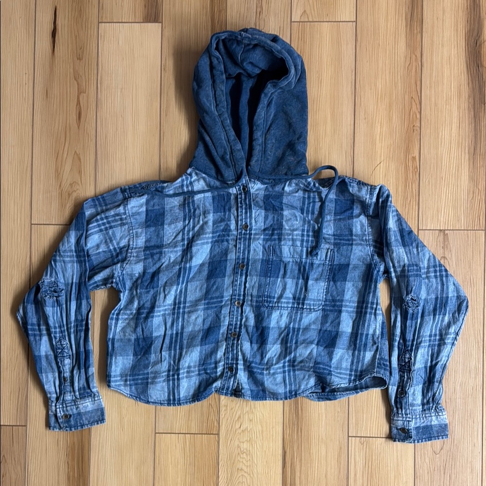 AE Distressed Crop Plaid‎ Hooded Jean Jacket